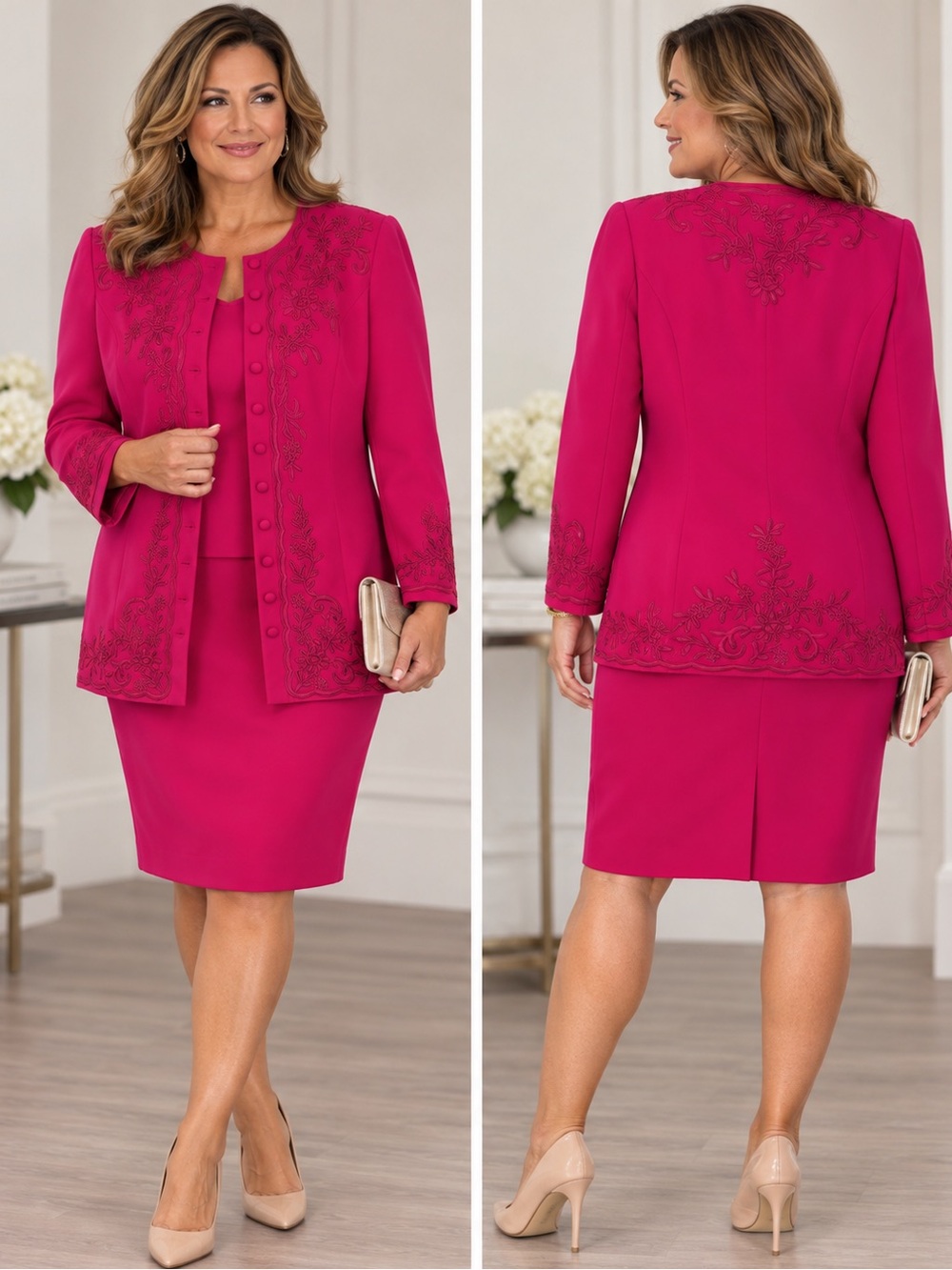 Vintage Marie St Claire Women’s 16 Fuchsia Embroidered Jacket Skirt Suit 2PC